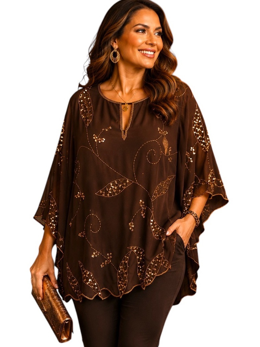 Original Anthony Beaded Sequin Tunic Blouse Gold Bronze Evening Top L
